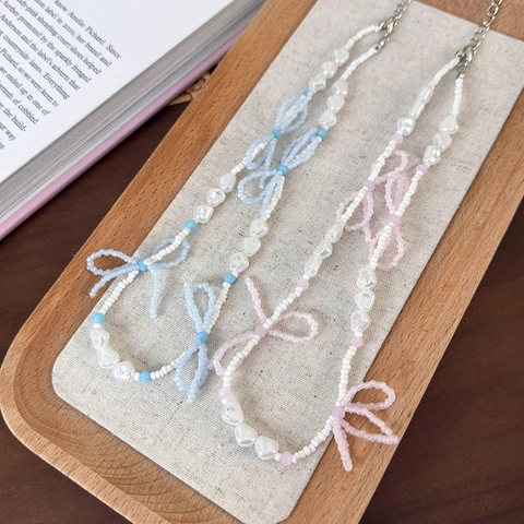 Sweet Handmade Beaded Choker Necklace With Bow Heart Charm Korean Style Resin Artificial Pearl Bead Necklace For Women Girls Daily