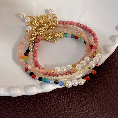 Faceted Stone Beaded Bracelet With Imitation Artificial Pearl French Light Luxury Adjustable Extension Chain Hand Jewelry For Women