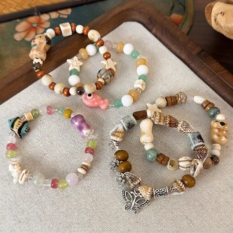 Lindo Brazalete de Cuentas de Cerámica de Animales Hecho a Mano Bohemio Madera Concha Mariposa Pulsera de Dijes para Mujer Joyería