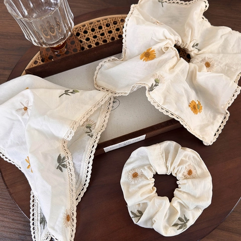 Pastoraal Madeliefje Geborduurd Stof Haarscrunchie Driehoekige Hoofddoek Set Zoete Bloemen Kant Haaraccessoires Voor Dames