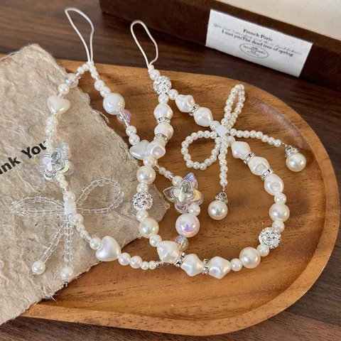 Elegante Colgante para Teléfono de Perlas Artificiales con Lazo Correa de Muñeca Cordón de Teléfono Tejido a Mano para Mujer
