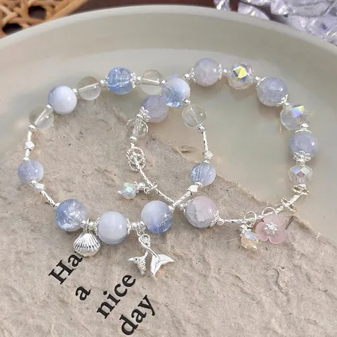 Fashion Beaded Bracelet Glass Beads Shell Fish Tail Pink Flower Charm Stretch Bracelet For Women Ocean Style Jewelry Gift