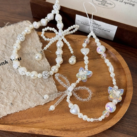 Elegante Colgante para Teléfono de Perlas Artificiales con Lazo Correa de Muñeca Cordón de Teléfono Tejido a Mano para Mujer