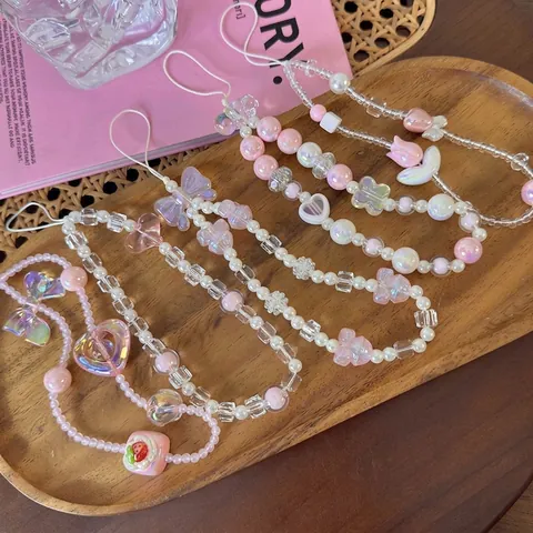 Süße Harz Perlen Handy-Lanyard Rosa Künstliche Perle Herz Schleife Tulpe Anhänger Anti-Drop Handgelenkschlaufe Für Damen