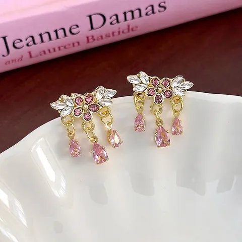 Sweet Pink Peony Flower Dangle Earrings Alloy Gold Plated Inlaid Zircon Water Drop Pendant Elegant Jewelry For Women