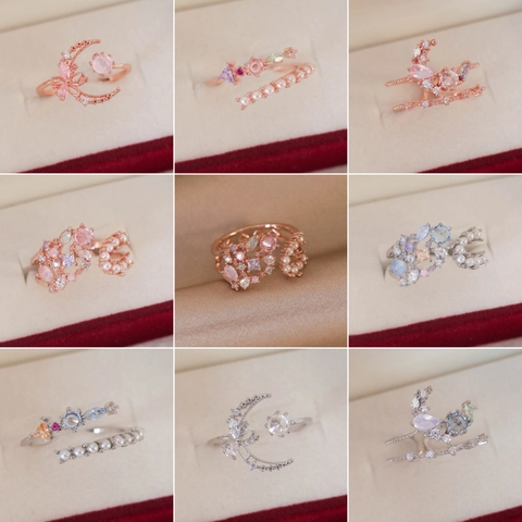 Elegante Anello Aperto in Rame con Zirconia Fiore Stella Luna per Donna Stile Coreano Perla Artificiale Anello Regolabile Gioielli di Moda