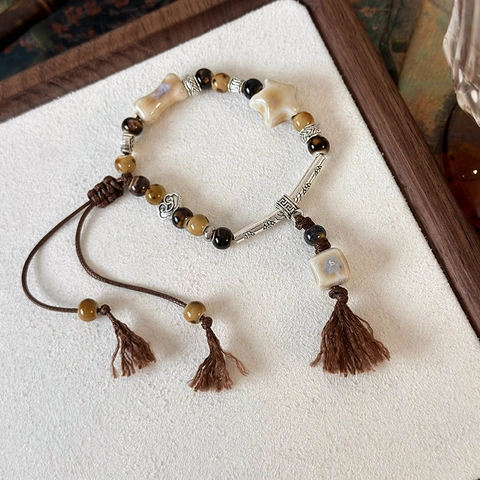 Bracciale Etnico Vintage Con Perline in Ceramica Pietra Occhio di Tigre Ciondolo a Stella in Lega Corda Intrecciata Donna