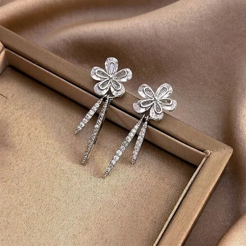Elegant Flower Tassel Dangle Earrings For Women Copper Shiny Zirconia Earrings With 925 Sterling Silver Earring Post Jewelry Gift