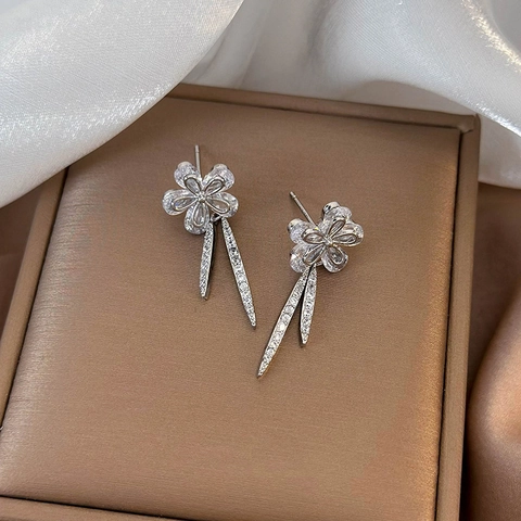 Elegant Flower Tassel Dangle Earrings For Women Copper Shiny Zirconia Earrings With 925 Sterling Silver Earring Post Jewelry Gift