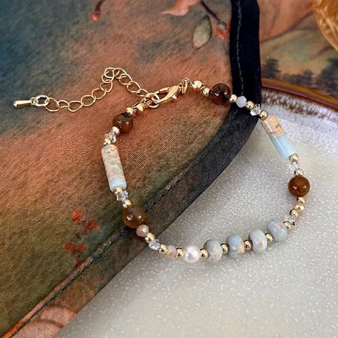 Bracciale di Perline in Pietra Naturale Perla d'Acqua Dolce Vintage per Donna Bracciale in Lega di Pietra Shoushan Multicolore Fatto a Mano