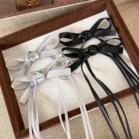 Französisches Retro Satin Schleife Haarklammer Mit Rose Dekoration Lange Bänder Entenschnabelklemme Damen Balletcore Haarschmuck