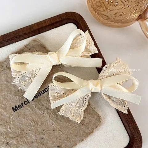 Vintage Beige Spitze Stickerei Schleife Haarspangen Für Damen Französisch Elegant Mori Stil Creme Satinband Haarschmuck