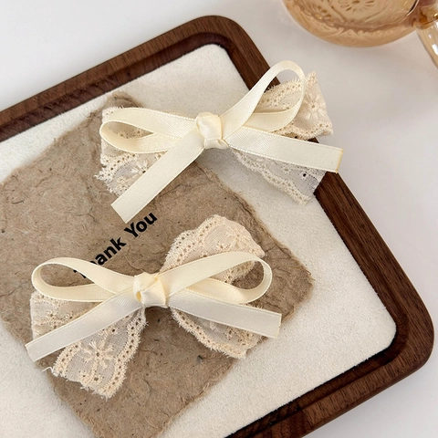Vintage Beige Spitze Stickerei Schleife Haarspangen Für Damen Französisch Elegant Mori Stil Creme Satinband Haarschmuck