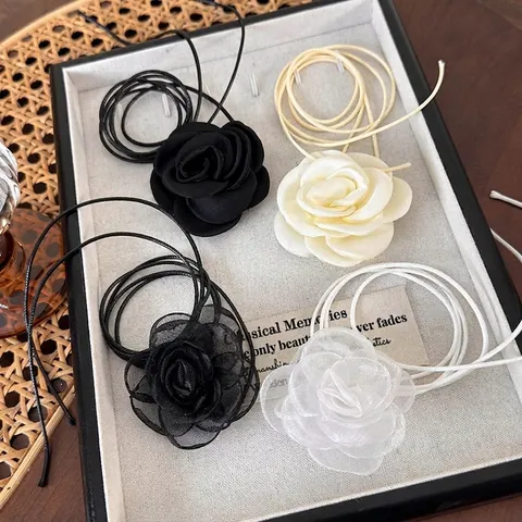 Vintage Kamelien Rose Blume Choker Halskette Für Damen Netz Stoff Lange Wachsseil Handgemachte Florale Halsschmuck Zubehör