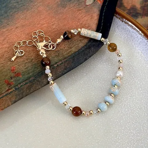 Bracciale di Perline in Pietra Naturale Perla d'Acqua Dolce Vintage per Donna Bracciale in Lega di Pietra Shoushan Multicolore Fatto a Mano