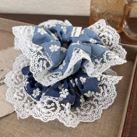 Scrunchie in Tessuto Denim con Ricamo Floreale e Bordo in Pizzo Stile Coreano per Donna Elastico per Capelli Retro