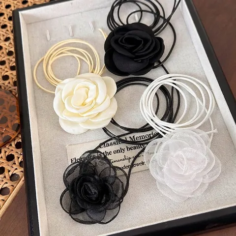 Vintage Kamelien Rose Blume Choker Halskette Für Damen Netz Stoff Lange Wachsseil Handgemachte Florale Halsschmuck Zubehör