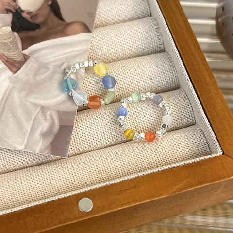 Women Colorful Hematite Beaded Heart Ring Artificial Cat Eye Dopamine Style Elastic Beaded Ring Handmade Fashion Jewelry