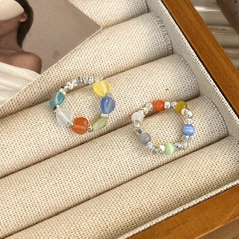 Women Colorful Hematite Beaded Heart Ring Artificial Cat Eye Dopamine Style Elastic Beaded Ring Handmade Fashion Jewelry