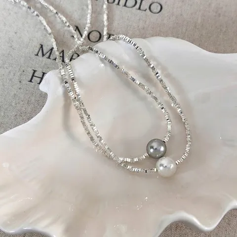 Minimalist Silver Square Block Chain Artificial Pearl Necklace With Heart Charm Adjustable Choker For Women Elegant Daily Party Jewelry