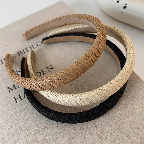 Vintage Handmade Woven Straw Style Headband For Women Summer Beach Vacation Solid Color Braided Hair Band Fashion Accessory