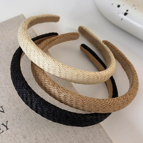 Vintage Handmade Woven Straw Style Headband For Women Summer Beach Vacation Solid Color Braided Hair Band Fashion Accessory