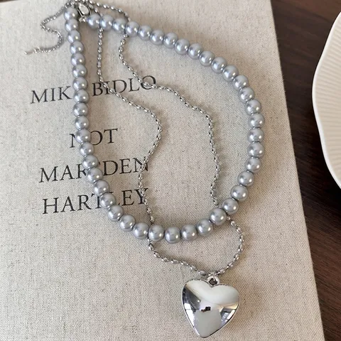 Collar de Perlas Artificiales de Vidrio y Aleación Elegante Colgante de Corazón de Espejo Cadena Larga Ajustable Joyería para Mujer Fiesta