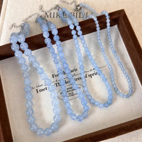 Collier en Perles de Pierre Naturelle pour Femmes Bleu Mer Perle Ronde Polie Choker Géométrique Bijoux de Mode Simple Cadeau