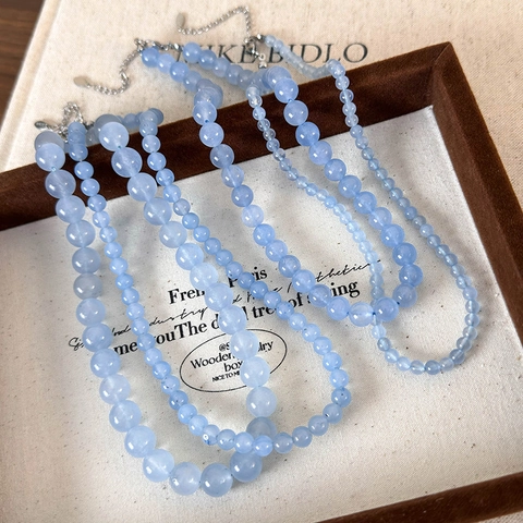 Collier en Perles de Pierre Naturelle pour Femmes Bleu Mer Perle Ronde Polie Choker Géométrique Bijoux de Mode Simple Cadeau