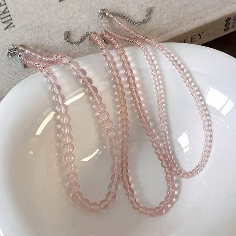 Süße Rosa Glas Perlenkette Für Damen Transparente Geometrische Perlen Choker Halskette Mit Verstellbarer Kette Schmuck Geschenk