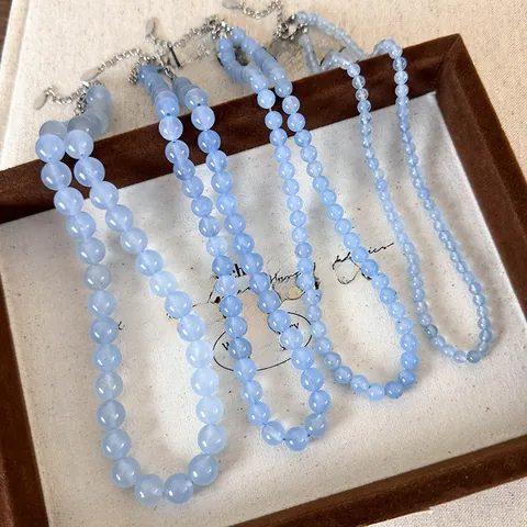 Natural Stone Beaded Necklace For Women Sea Blue Round Polished Bead Geometric Choker Simple Aesthetic Fashion Jewelry Gift
