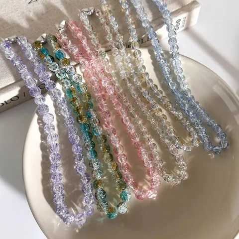 Handgemachte Bunte Glasperlenkette Für Damen Süße Eisriss-Textur Runde Perlen Kurze Choker Kette Schmuck Geburtstagsgeschenk