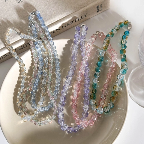 Handgemachte Bunte Glasperlenkette Für Damen Süße Eisriss-Textur Runde Perlen Kurze Choker Kette Schmuck Geburtstagsgeschenk