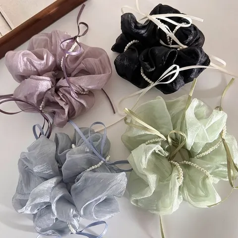 Korean Style Artificial Pearl Ribbon Bow Satin Fabric Scrunchie Elegant Organza Hair Tie Gentle Fairy Hair Accessories For Women