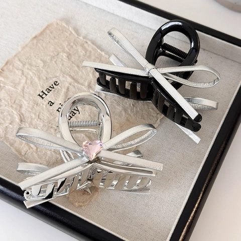 Silber Metallic Schleife Haarklammer Für Damen Süßes Herz Strass Haarkralle Y2K Punk Stil Haarschmuck