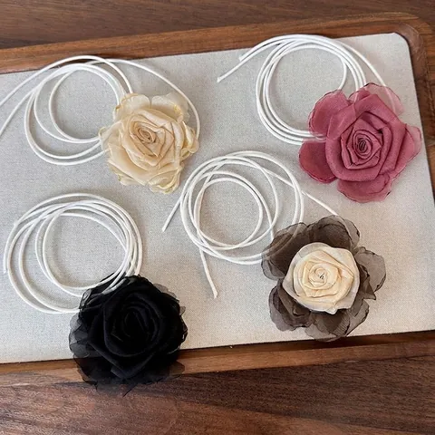 Vintage 3D Chiffon Roos Choker Halsketting Voor Vrouwen Handgemaakte Stof Bloem Nekriem Camelia Nek Accessoires Voor Feest Dating Sieraden