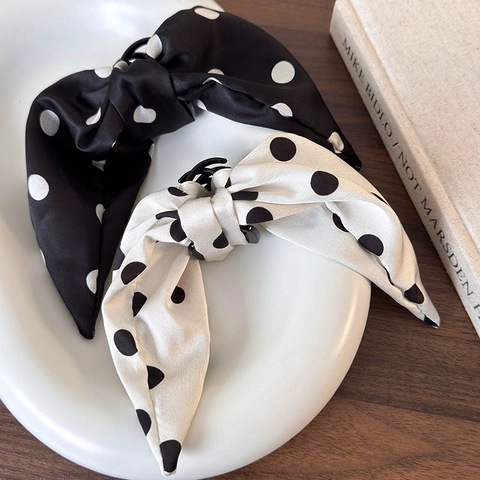Eleganter Punktmuster Schleife Haarkralle Satin Stoff Band Große Haarspange Retro Mode Pendeln Haarschmuck Für Damen