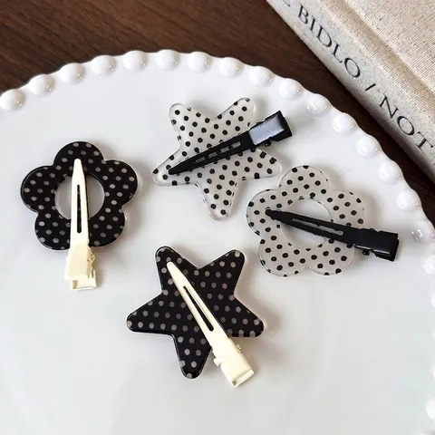 Pince à Cheveux Douce en Acrylique à Pois Noir et Blanc pour Femmes Fleur Étoile Bec de Canard Style Coréen Accessoire