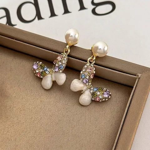 Pendientes Colgantes de Mariposa de Colores Aleación Chapada en Oro Con Strass y Perla Artificial Joyería Elegante Mujer