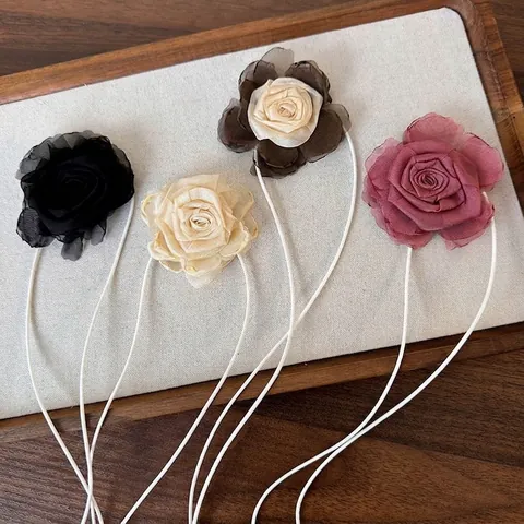 Vintage 3D Chiffon Roos Choker Halsketting Voor Vrouwen Handgemaakte Stof Bloem Nekriem Camelia Nek Accessoires Voor Feest Dating Sieraden