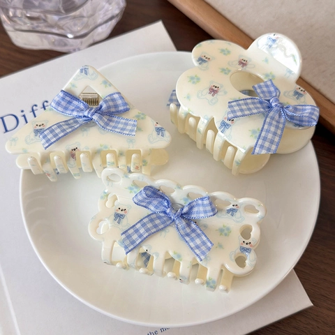 Pinza per Capelli in Acetato con Orsetto e Fiori e Fiocco in Tessuto Rettangolare Accessori per Capelli Donna Stile Dolce