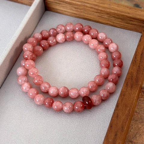 New Chinese Style Pink Natural Stone Beaded Double Layer Bracelet For Women Strawberry Quartz Beads Polished Stone Jewelry Gift