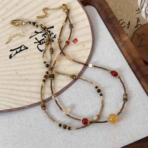 New Chinese Style Zen Natural Stone Beaded Necklace For Women Retro Handmade Choker Necklace Jewelry Accessory Gift