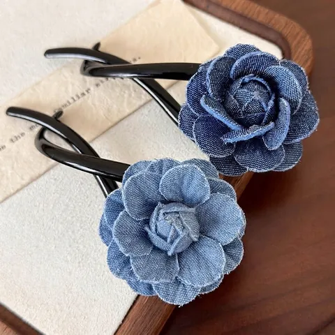 Fermaglio per Capelli con Fiore in Denim Vintage per Donna Elegante Rosa Blu Banana Clip Accessorio per Capelli in Tessuto Fatto a Mano