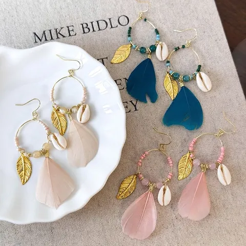 Bohemian Ethnic Feather Tassel Drop Earrings With Natural Shell Metal Leaf For Women Vintage Vacation Style Earrings