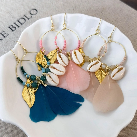 Bohemian Ethnic Feather Tassel Drop Earrings With Natural Shell Metal Leaf For Women Vintage Vacation Style Earrings