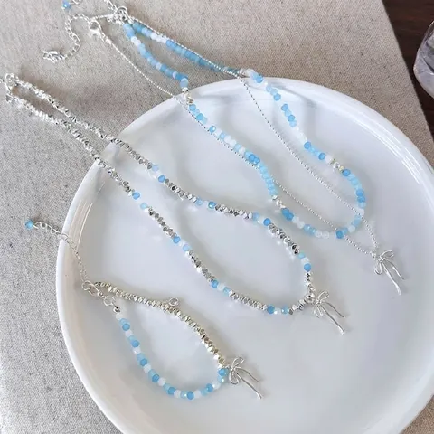 Collana di Perline Blu Dolce per Donna Stile Coreano Collane con Pendente a Fiocco in Cristallo Sintetico Gioielli di Lusso Regalo