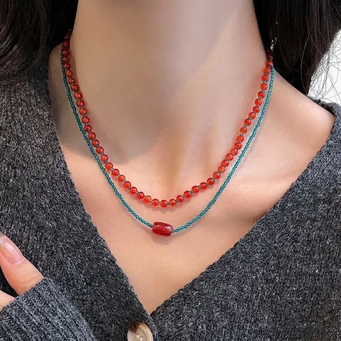 Vintage Blauw Rood Kralen Ketting Voor Dames Elegante Glaskralen Choker Handgemaakt Etnische Stijl Contrast Kleur Sieraden Accessoire