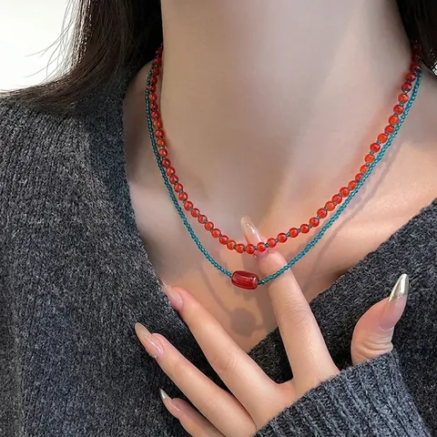Vintage Blauw Rood Kralen Ketting Voor Dames Elegante Glaskralen Choker Handgemaakt Etnische Stijl Contrast Kleur Sieraden Accessoire