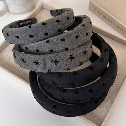 Vintage Grau Schwarz Gepolstertes Schwamm Stirnband Für Damen Breites Stoff Haarreif Mit Schleife Herz Punktemuster Handgefertigt Haarschmuck